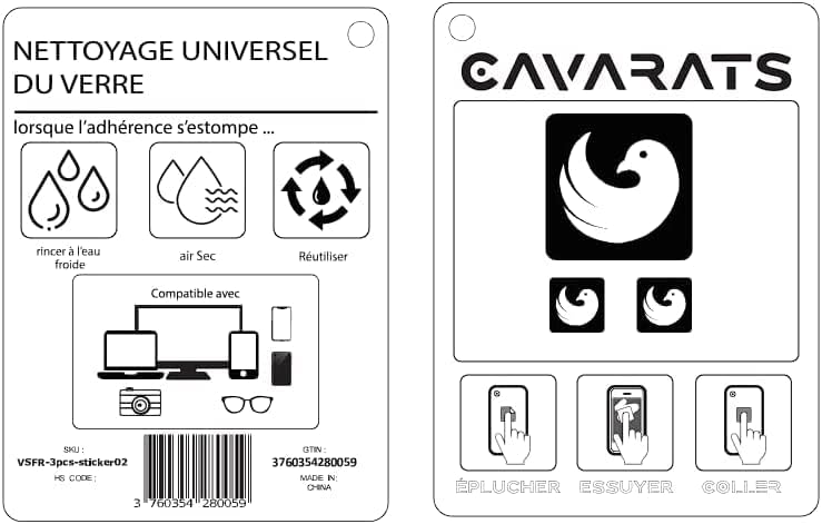 cavarats - Microfibre Tout-en-Un avec Autocollant Lavable et réutilisable pour Les objectifs de caméra, Les écrans de téléphone et Les PC Portables (les 3)