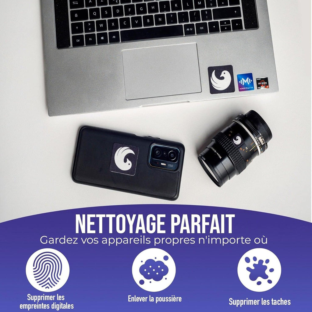 cavarats - Microfibre Tout-en-Un avec Autocollant Lavable et réutilisable pour Les objectifs de caméra, Les écrans de téléphone et Les PC Portables (les 3)