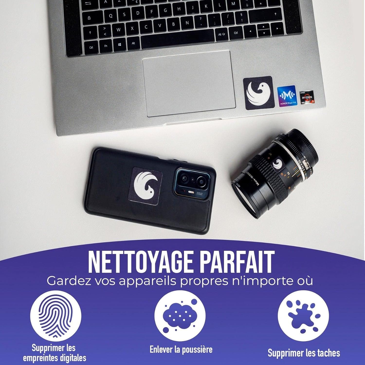 cavarats - Microfibre Tout-en-Un avec Autocollant Lavable et réutilisable pour Les objectifs de caméra, Les écrans de téléphone et Les PC Portables (les 3)