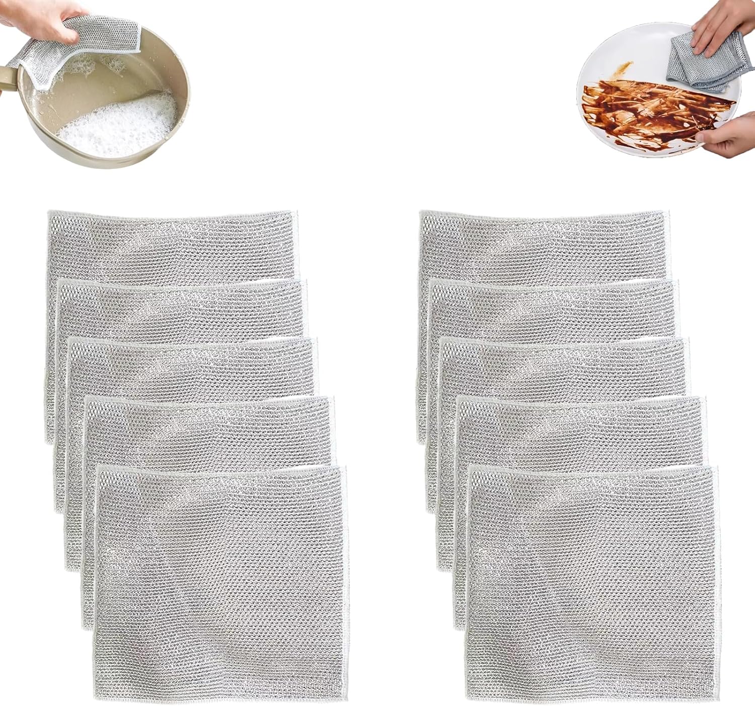 Lot de 10 chiffons de nettoyage réutilisables en acier inoxydable pour cuisine en micro fibre