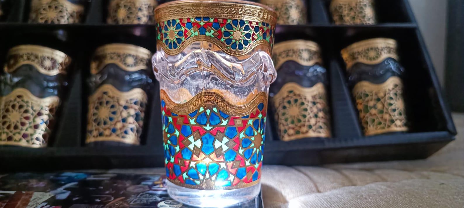 Multicolored Moroccan Tea Glasses – Gold Zellige Crafts (Set of 12)