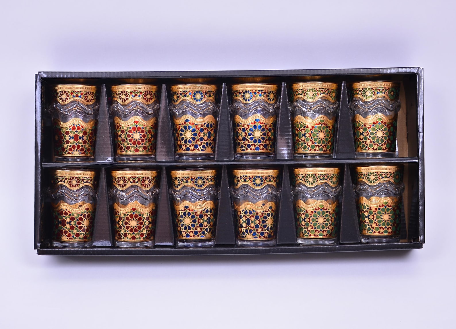 Multicolored Moroccan Tea Glasses – Gold Zellige Crafts (Set of 12)