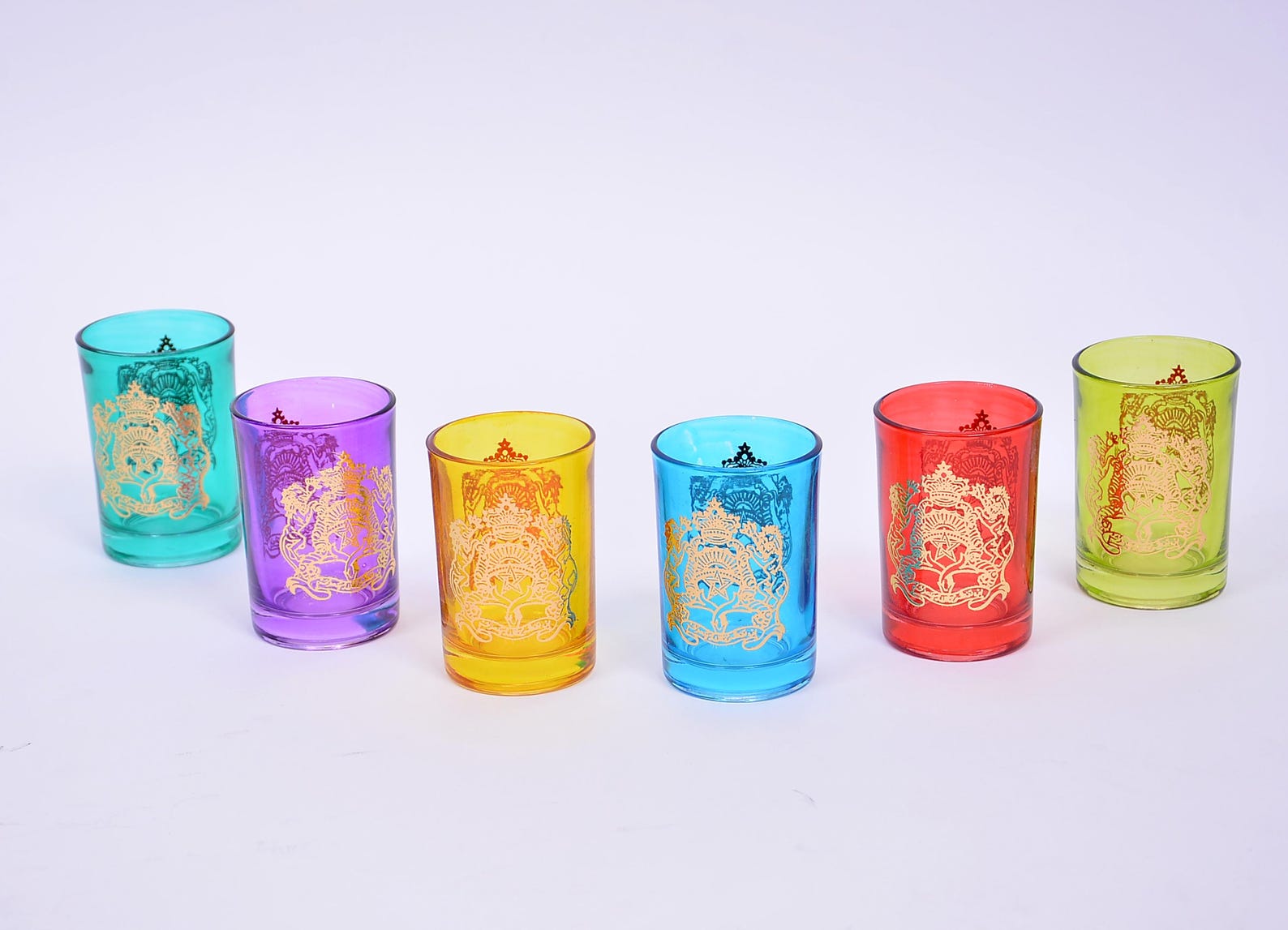 Set of 6 Colorful Moroccan Tea Glasses – Golden Pattern Royal Crest of Morocco – Handcrafted Blown Glass Glasses – Oriental Tea Set