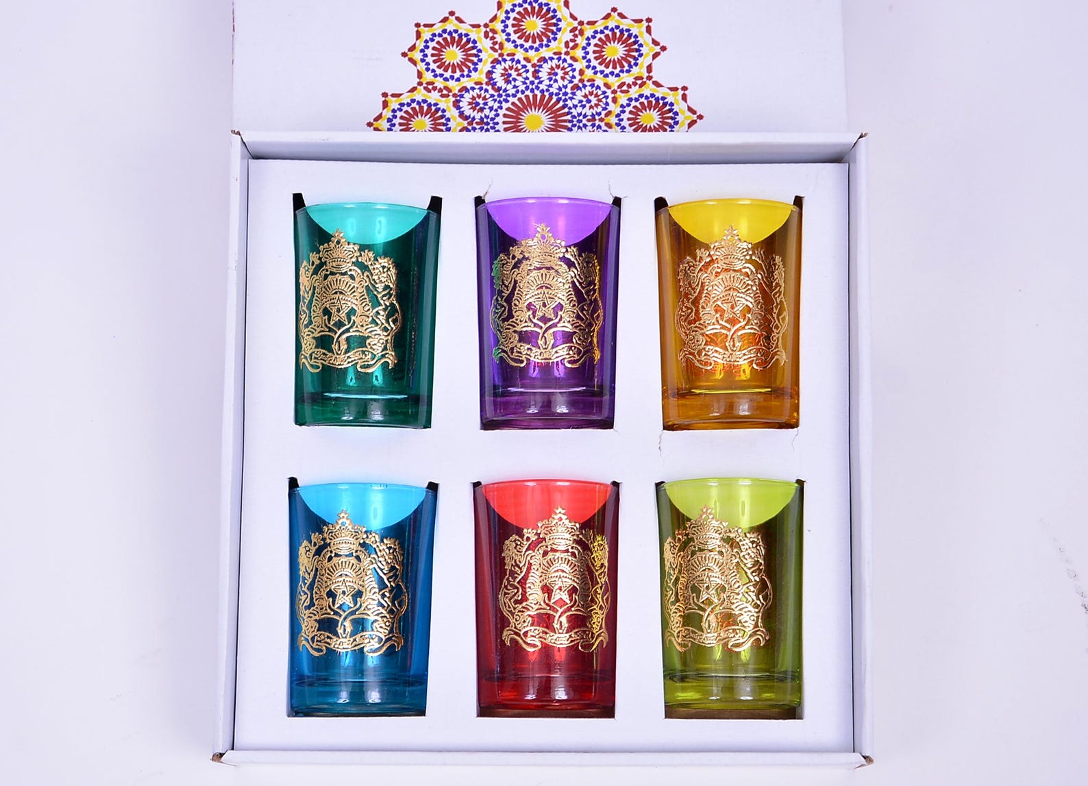Set of 6 Colorful Moroccan Tea Glasses – Golden Pattern Royal Crest of Morocco – Handcrafted Blown Glass Glasses – Oriental Tea Set