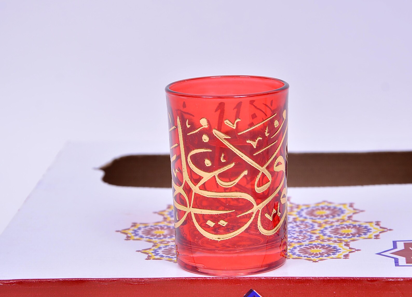 Moroccan Calligraphed Glasses – “الحق يعلو ولا يعلى عليه” in Gold (Set of 6 Colors)