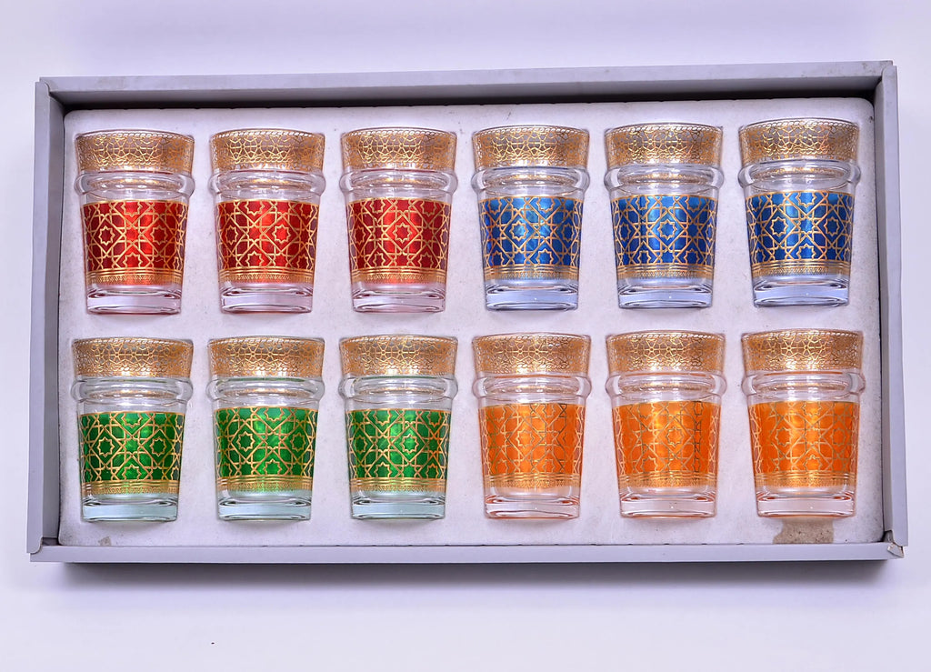 Verres à Thé Marocains Artisanaux – Ensemble de Verres Majorelle Décorés à la Main (Lot de 12)