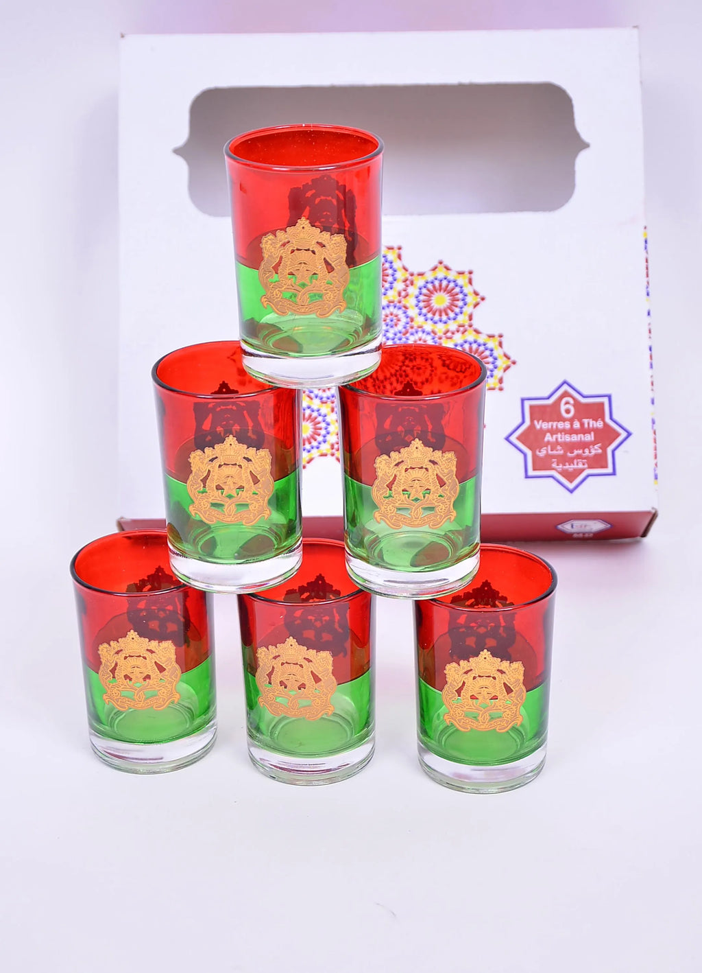 Verres Marocains aux Couleurs Nationales – Écusson Royal Doré Gravé (Lot de 6)