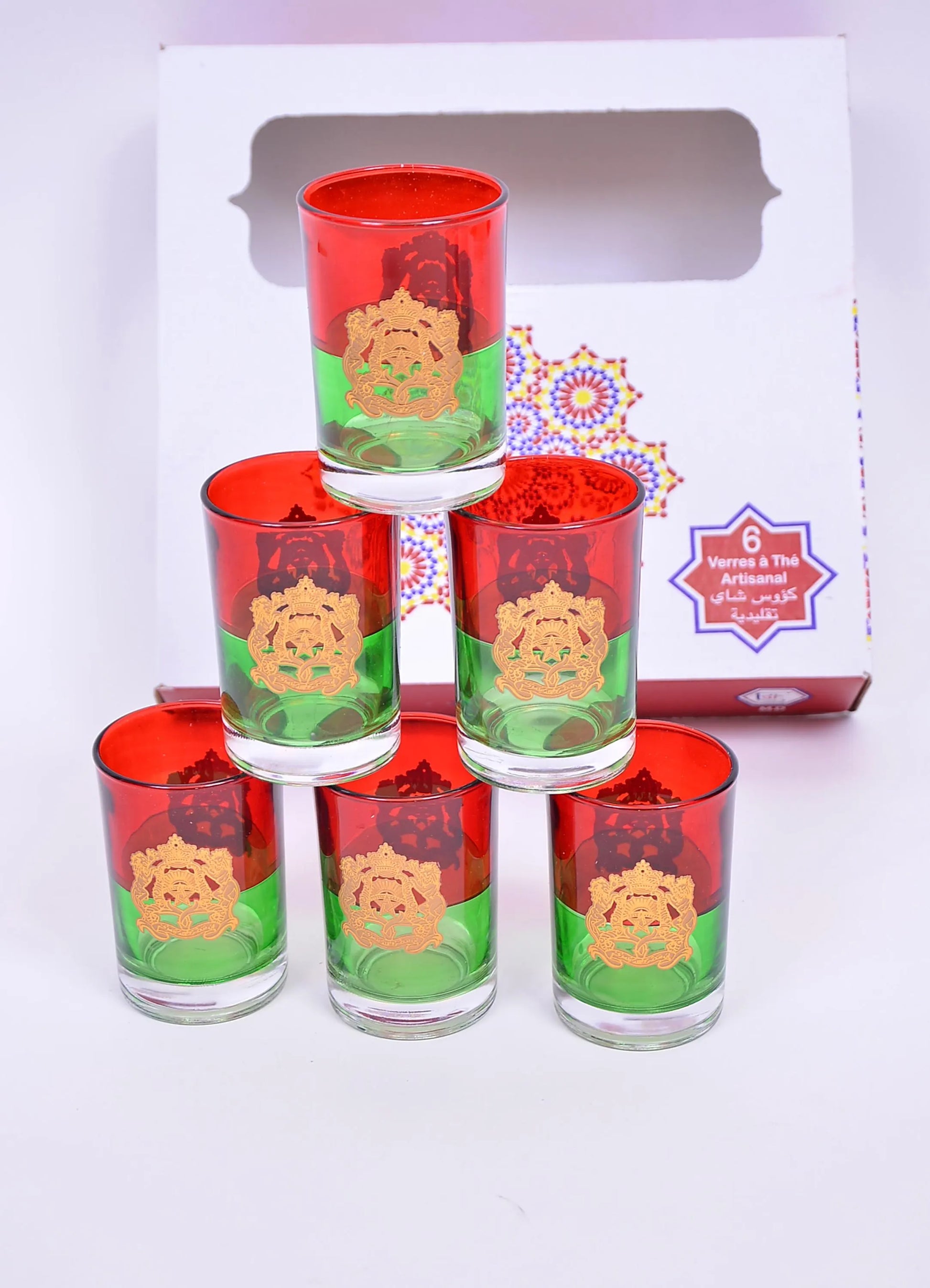 Verres Marocains aux Couleurs Nationales – Écusson Royal Doré Gravé (Lot de 6)